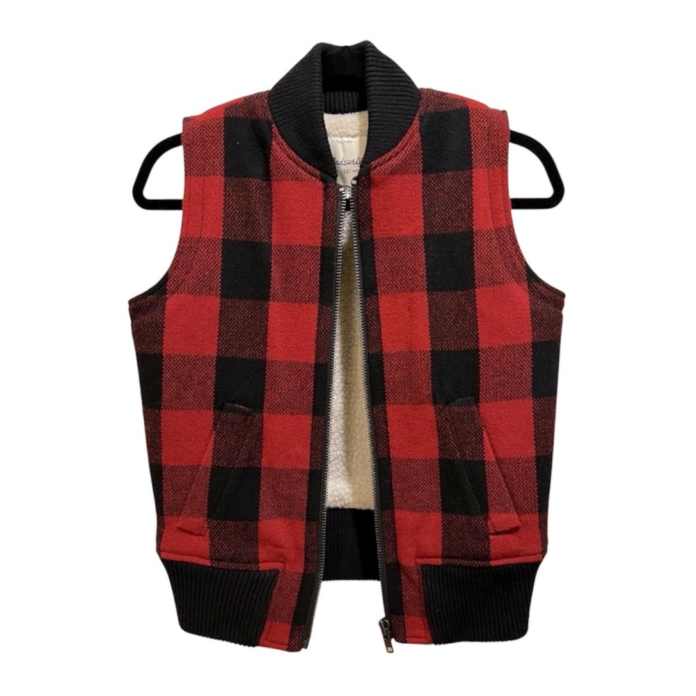 Madewell Red & Black Buffalo Check Wool Blend Fleece Lined Vest Size XS